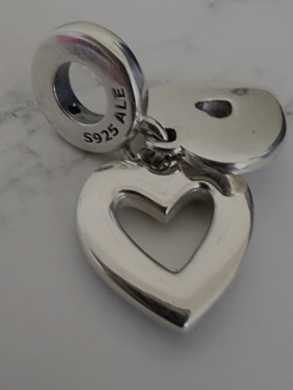 Authentic Pandora Pearlescent White Heart Double Dangle Charm - Picture 6 of 6
